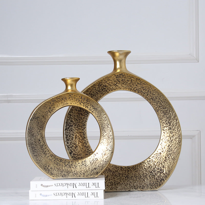 Golden ceramic circle vase for living room decoration